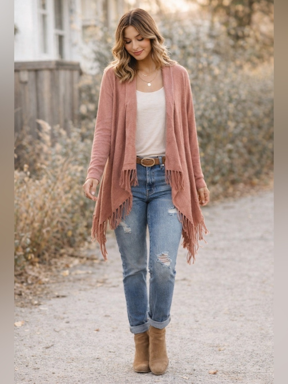 LOVE TREE Dusty Rose Fringe Hem Open Front Waterfall Cardigan Sz L Soft Boho